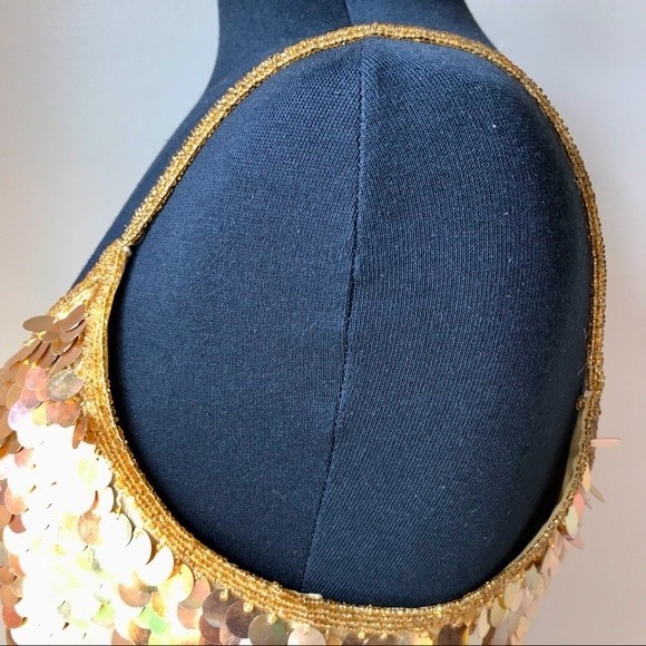 Gold Sequin Tank Top Silk Beaded Spaghetti Strap Mermaid Scales Glam CHAUDRY - Picture 6 of 9